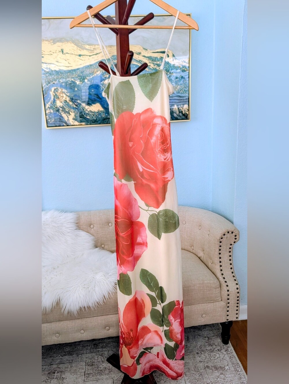 Sincerely Jules Cream Maxi Dress with Red & Green Floral Print Sz XS .Never Used - Picture 3 of 6